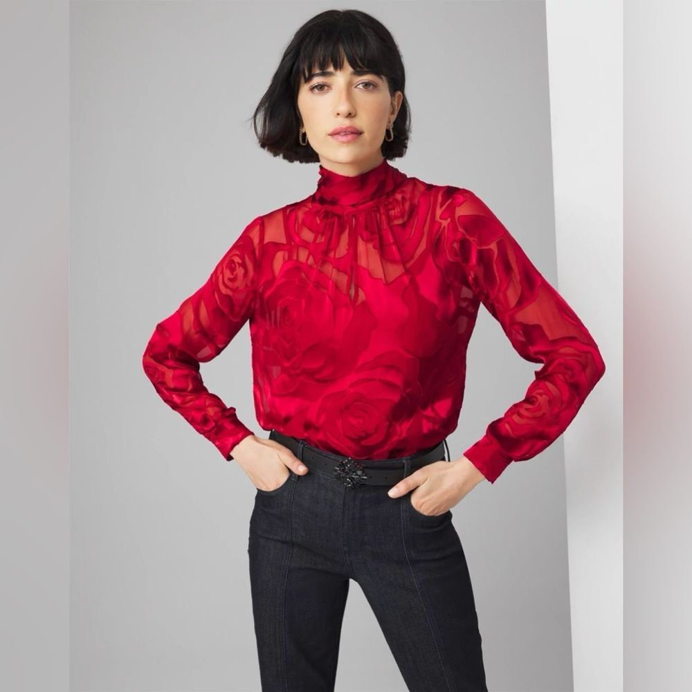 WHBM Burnout Mock Neck Blouse SZ 4 Long Sleeve Satin-Chiffon accents Color Red
